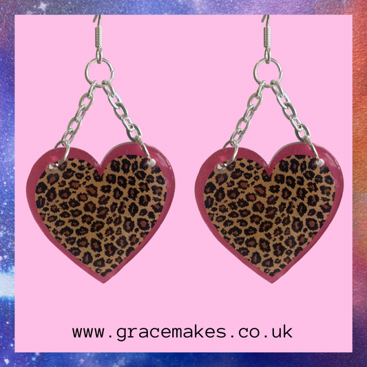 Leopard Print Heart Pink Outline Earrings