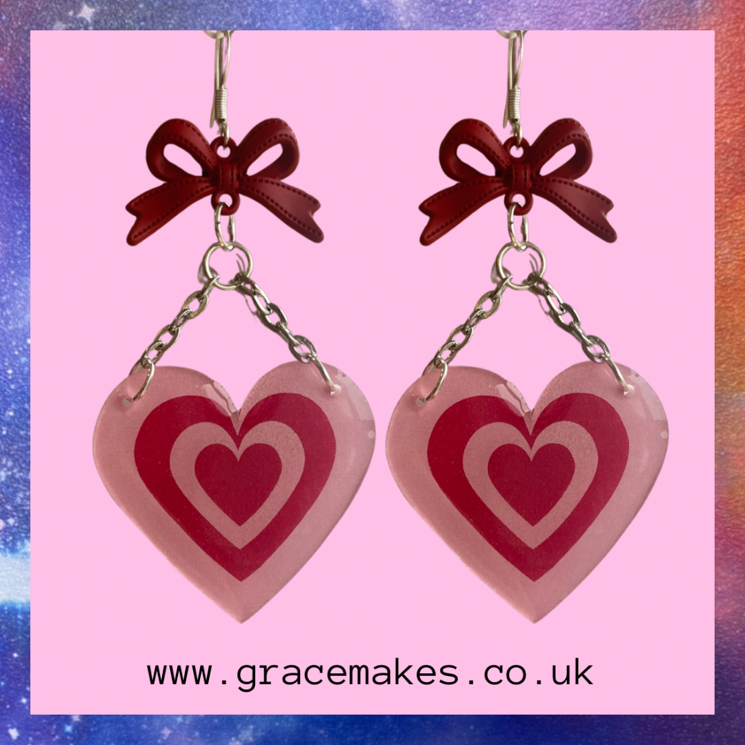 Handmade Pink and Red Heart Bow Earrings