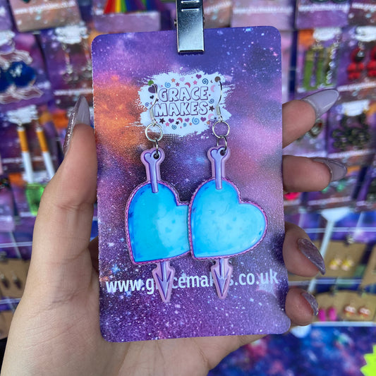 Handmade Blue and Pink Cupid Heart Arrow Earrings