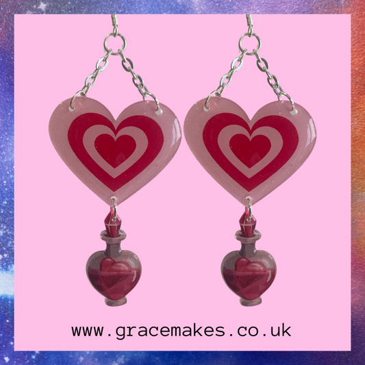 Pink And Red Heart Love Potion Earrings