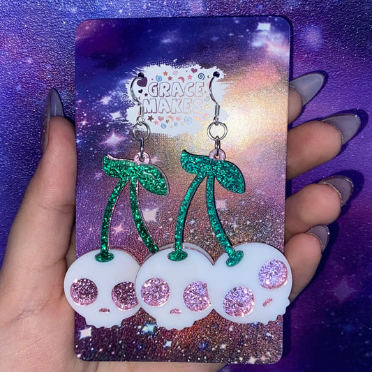 Handmade Reversible Glitter Skull Cherry Earrings
