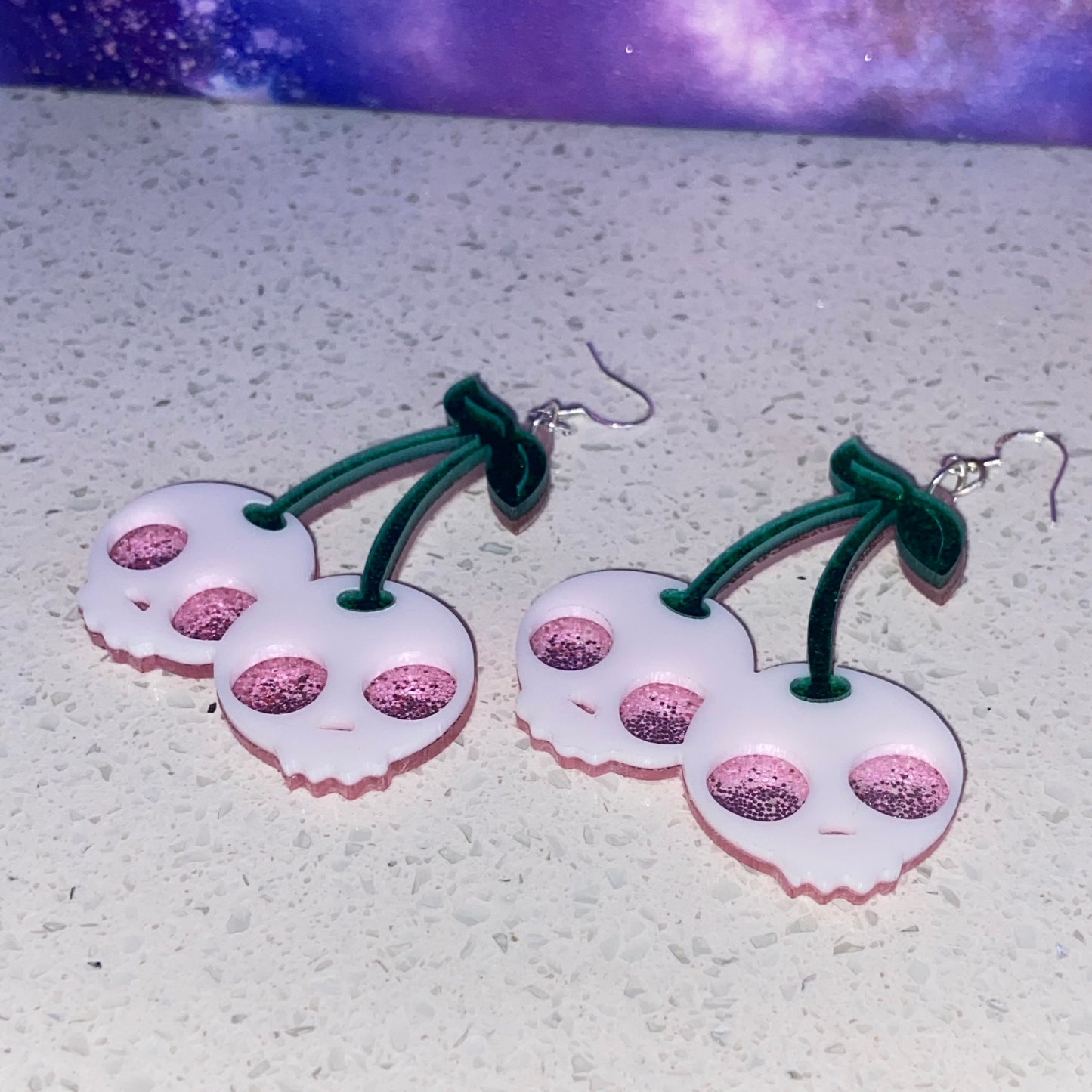 Handmade Reversible Glitter Skull Cherry Earrings