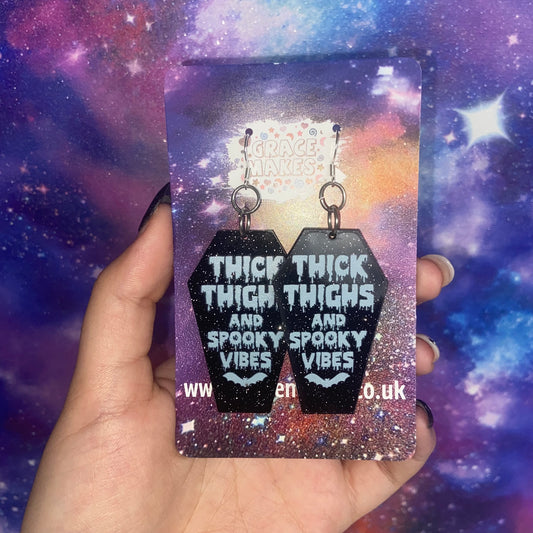 Handmade Thick Thighs and Spooky Vibes Black Coffin Earrings