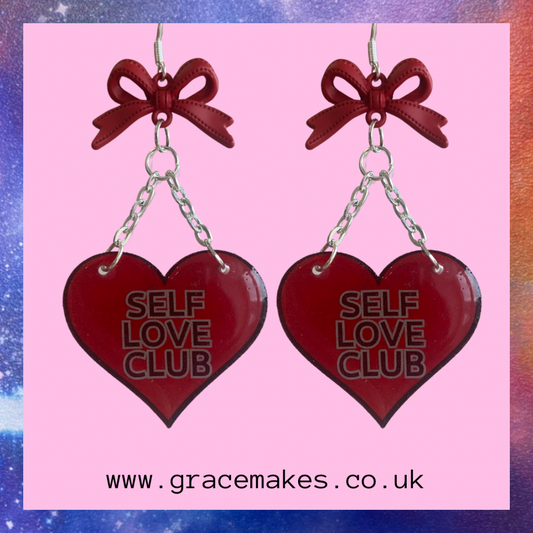 Red Self Love Bow Heart Earrings