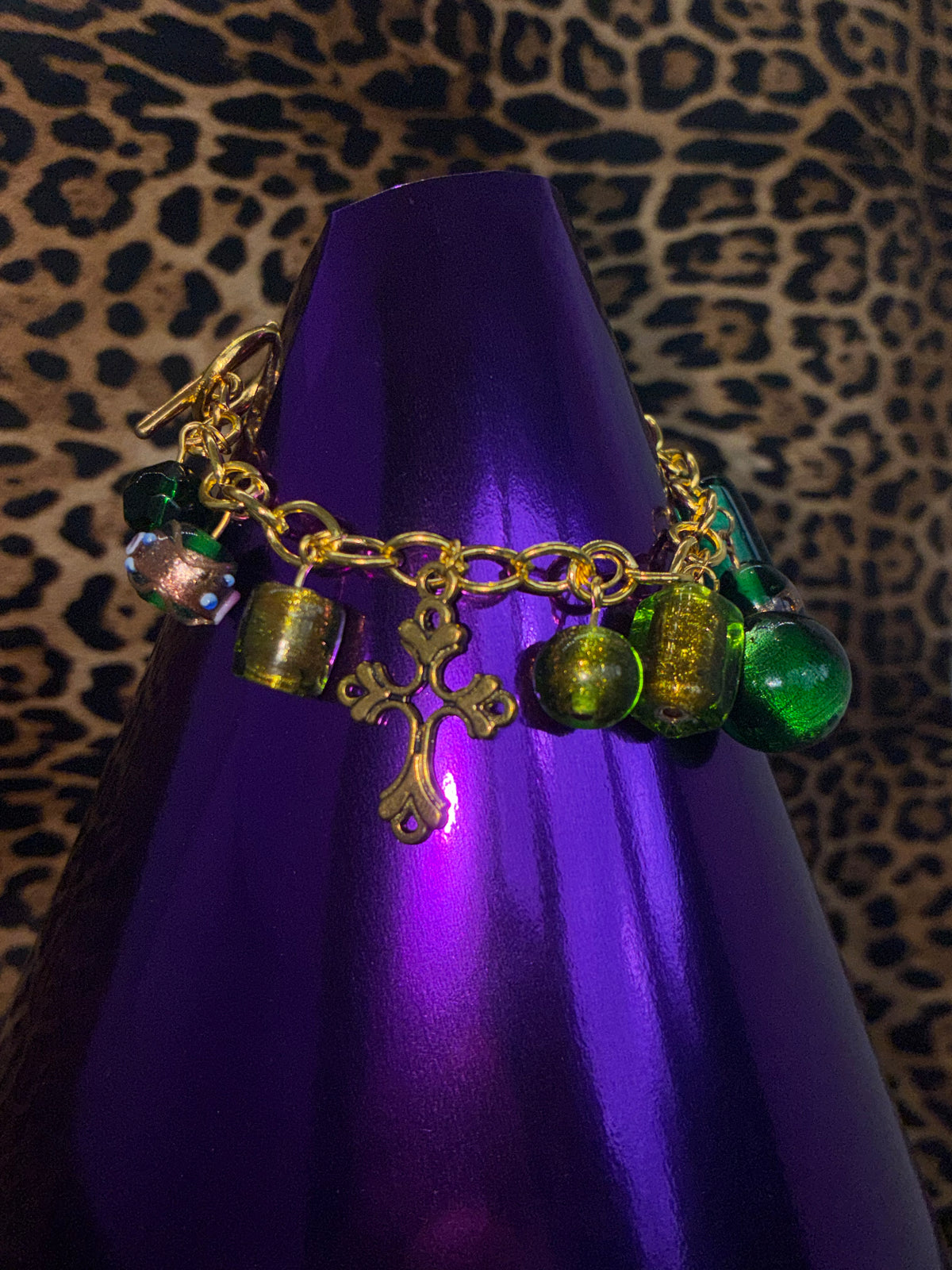 Green Glass Bead Gold Cross Bracelet