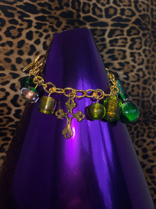 Green Glass Bead Gold Cross Bracelet