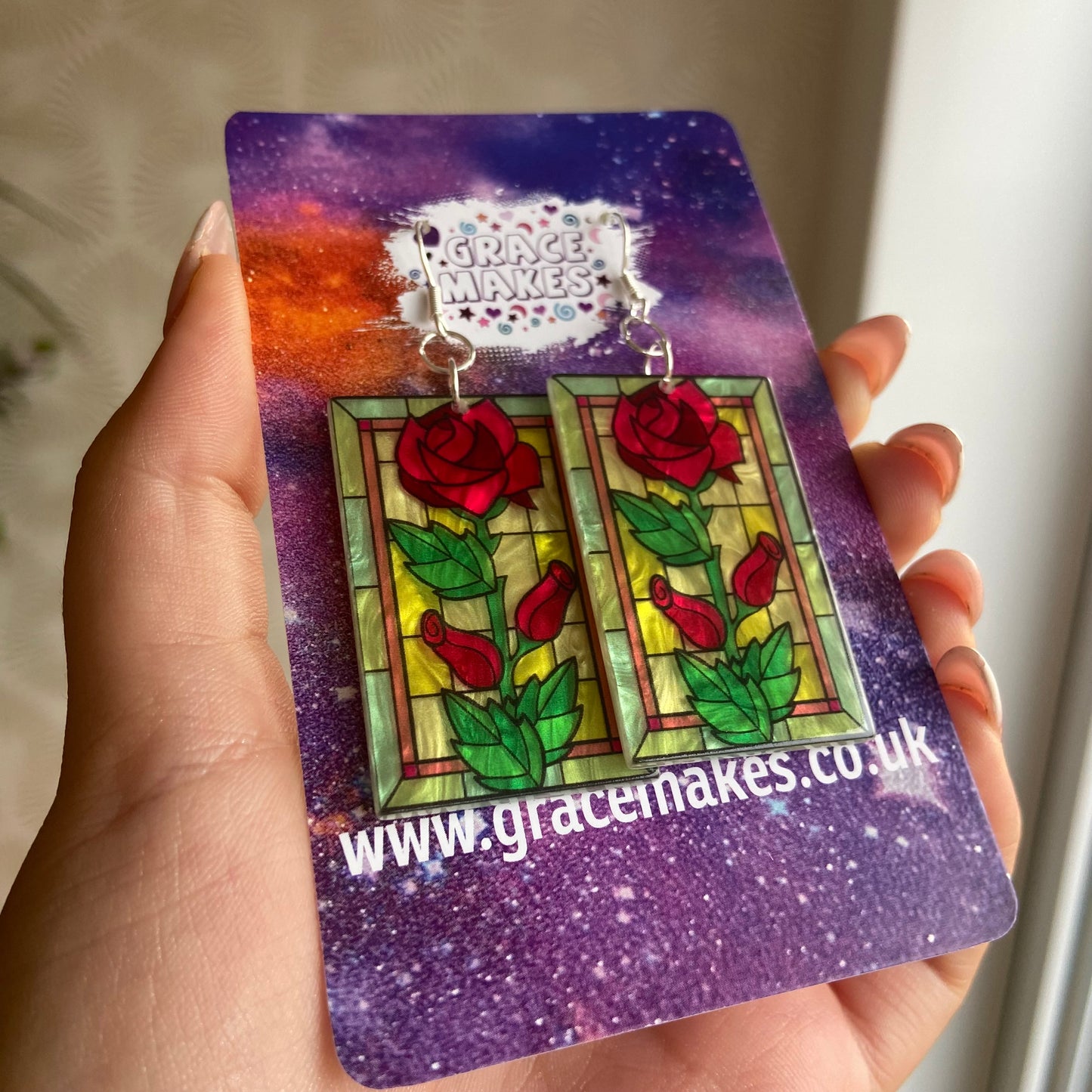 Stained Glass Red Rose Rectangle Earrings