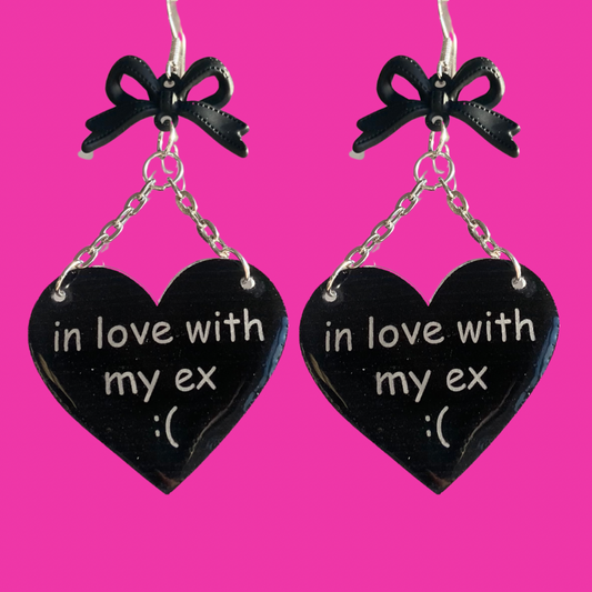 Handmade “In Love With My Ex” Black Heart Bow Earrings