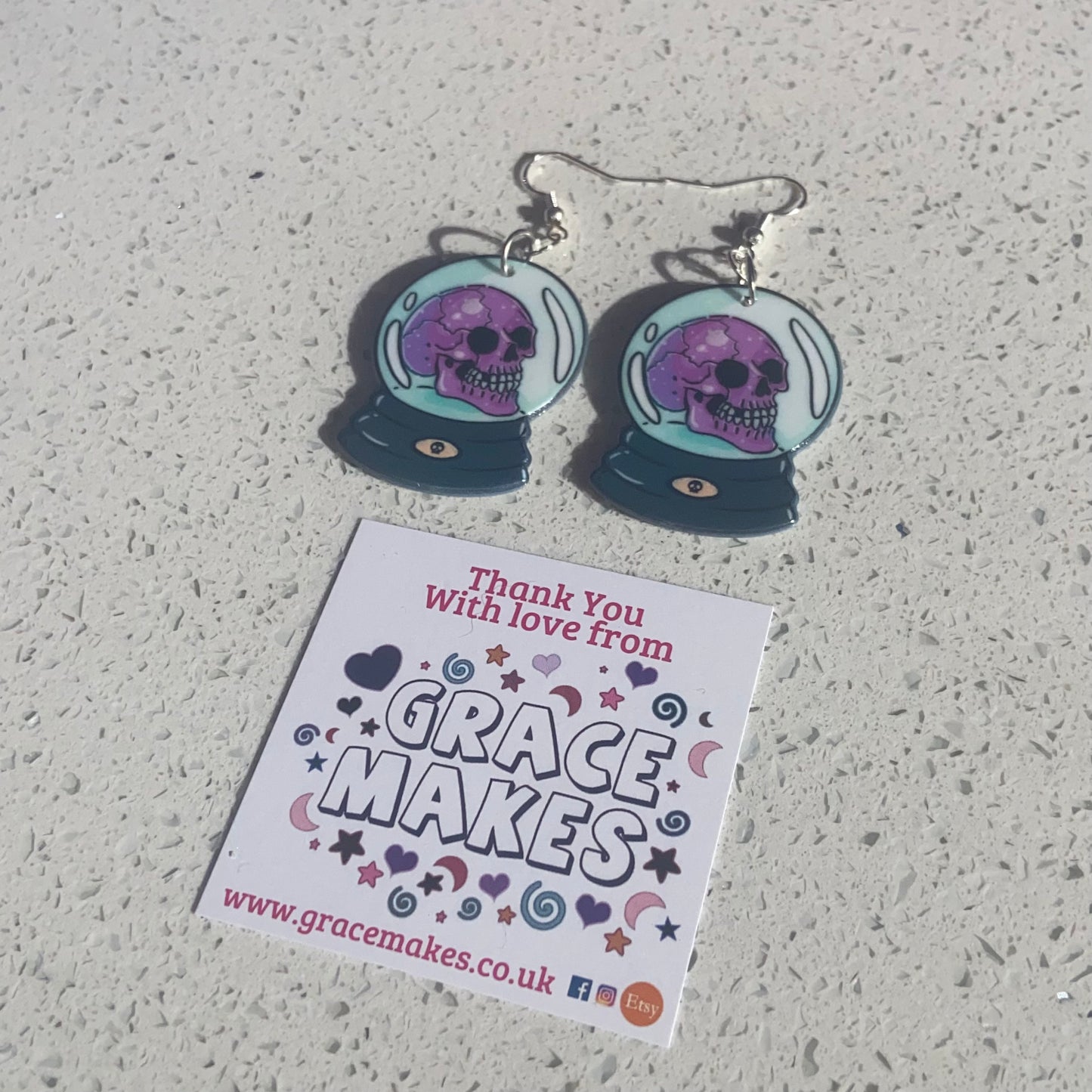 Handmade Skeleton Skull Crystal Ball Earrings