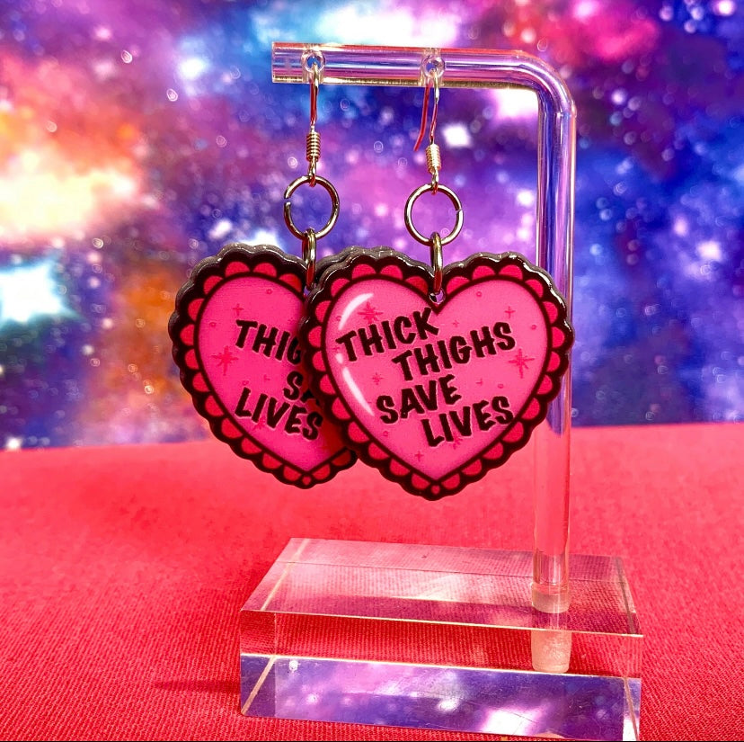 Thick Thighs Save Lives Handmade Pink Frilly Heart Earrings