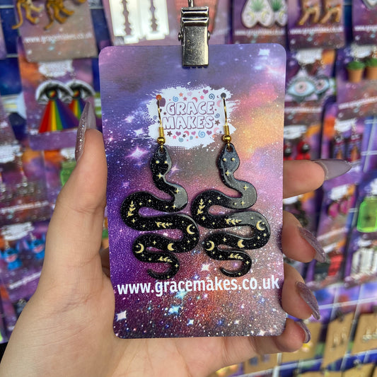Handmade Black And Gold Celestial Snake Earrings