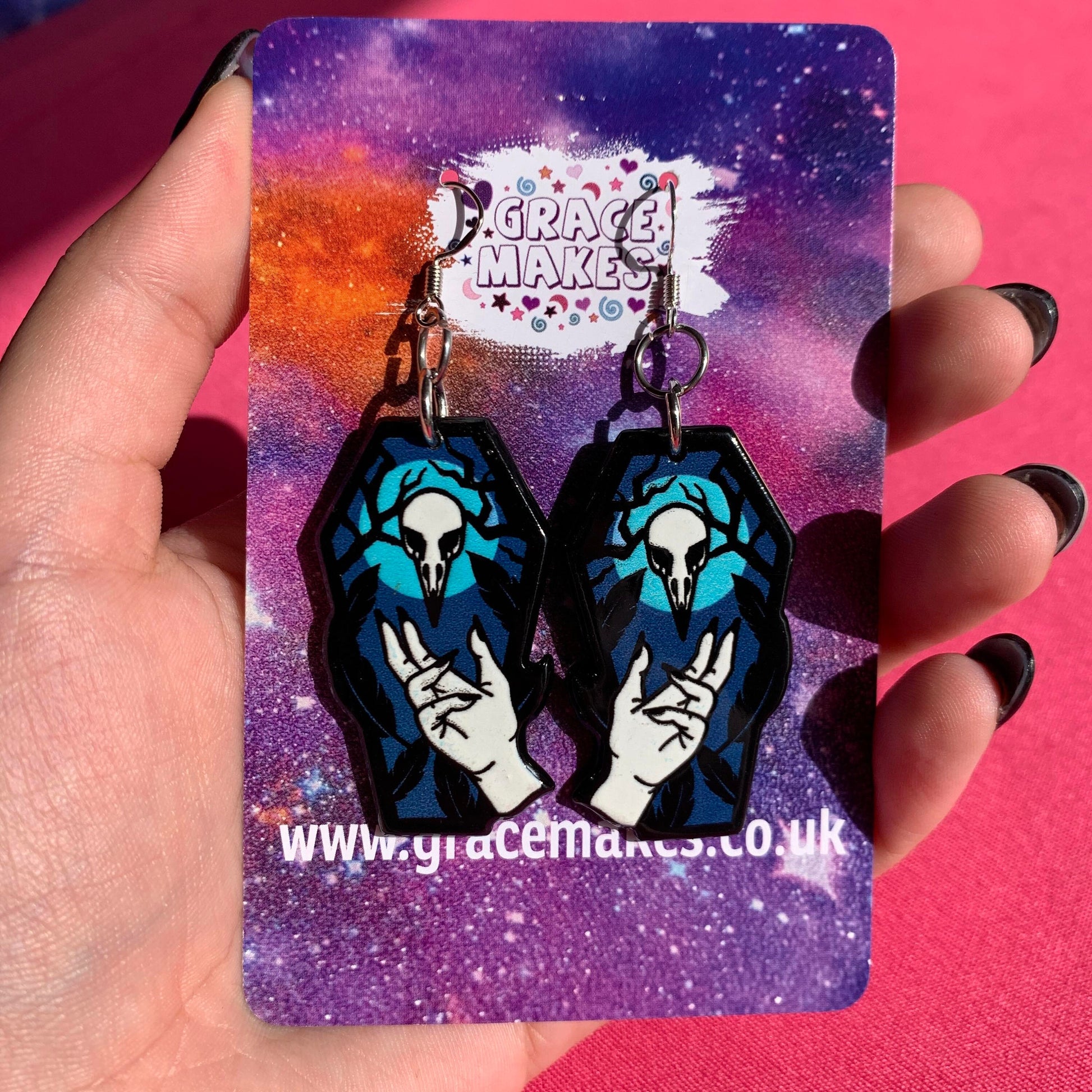 Blue Skull Coffin Handmade Earrings Gothic Witch Witchy Magic Magick Morbid Mystic Mystical Spells
